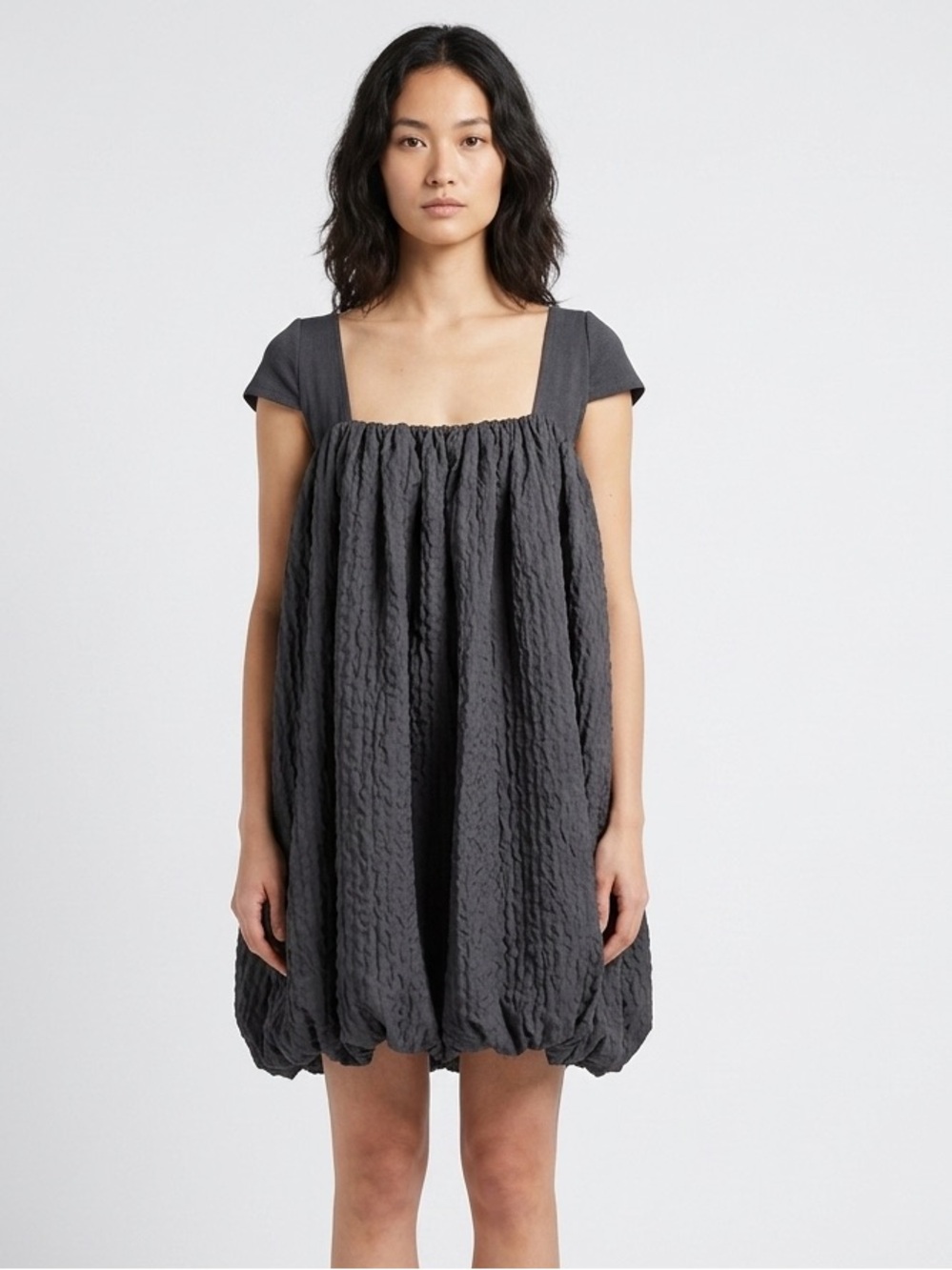 Zara Charcoal Textured Square-Neck Bubble Dress